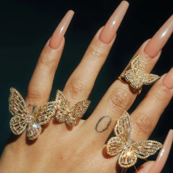 Butterfly crystal earrings and rings set 4pieces - Picture 4 of 8